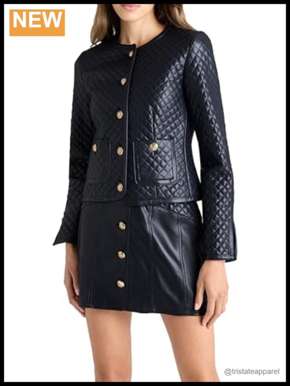 Vegan Leather Quilted Button Front Jacket Long Sleeve